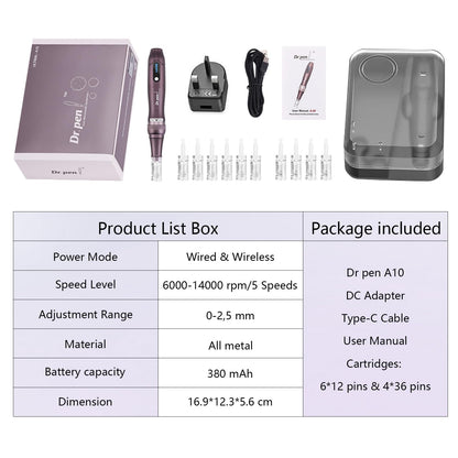 Dr.Pen A10 Professional Wireless Microneedling Pen with 10 Replacement Cartridges for Skin Care